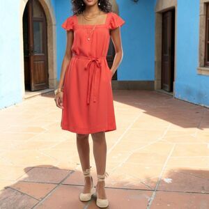 Loft Orange Flutter Sleeve Linen Dress